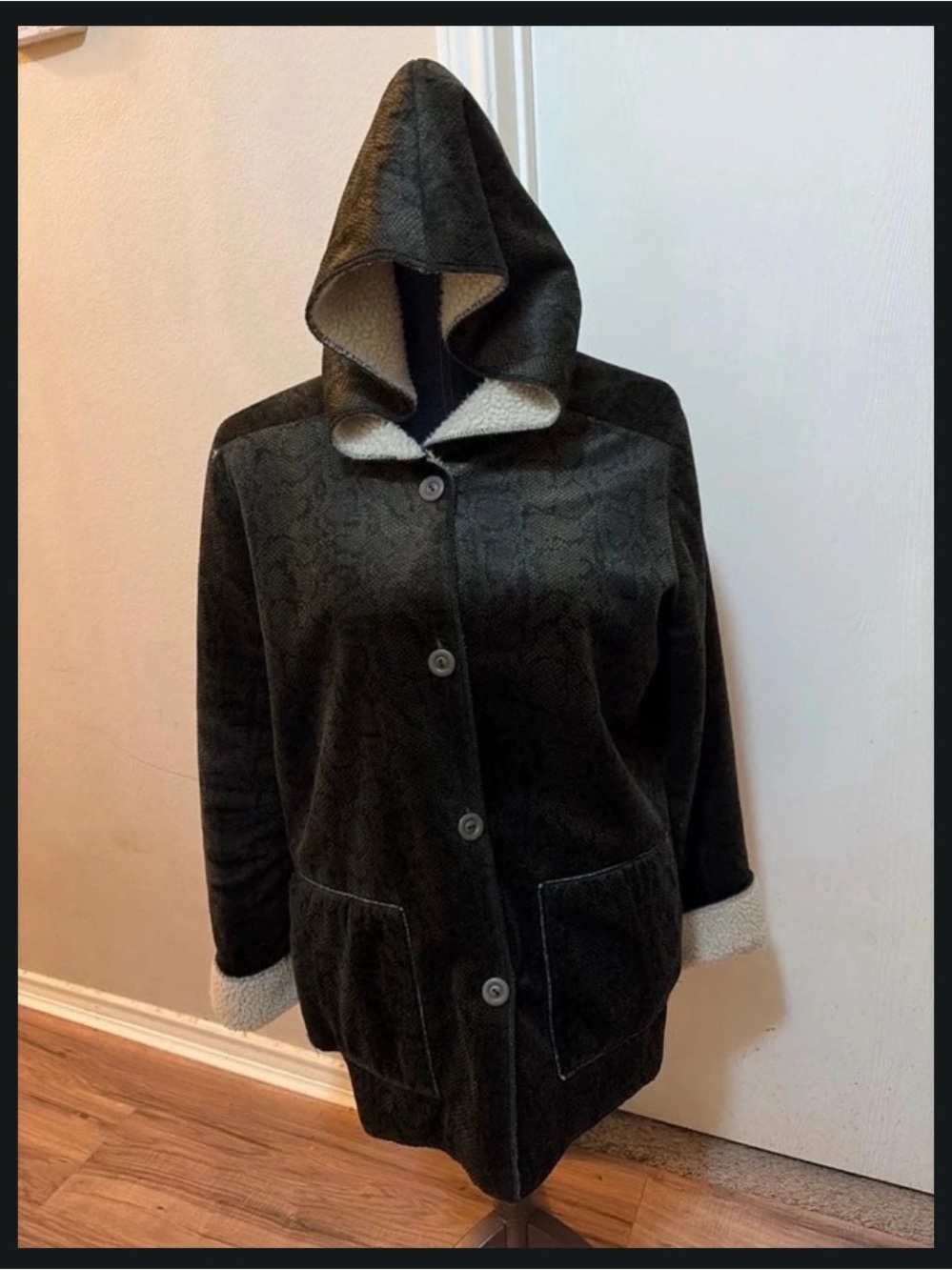 Plush Hooded Teddy Jacket in Dark Olive